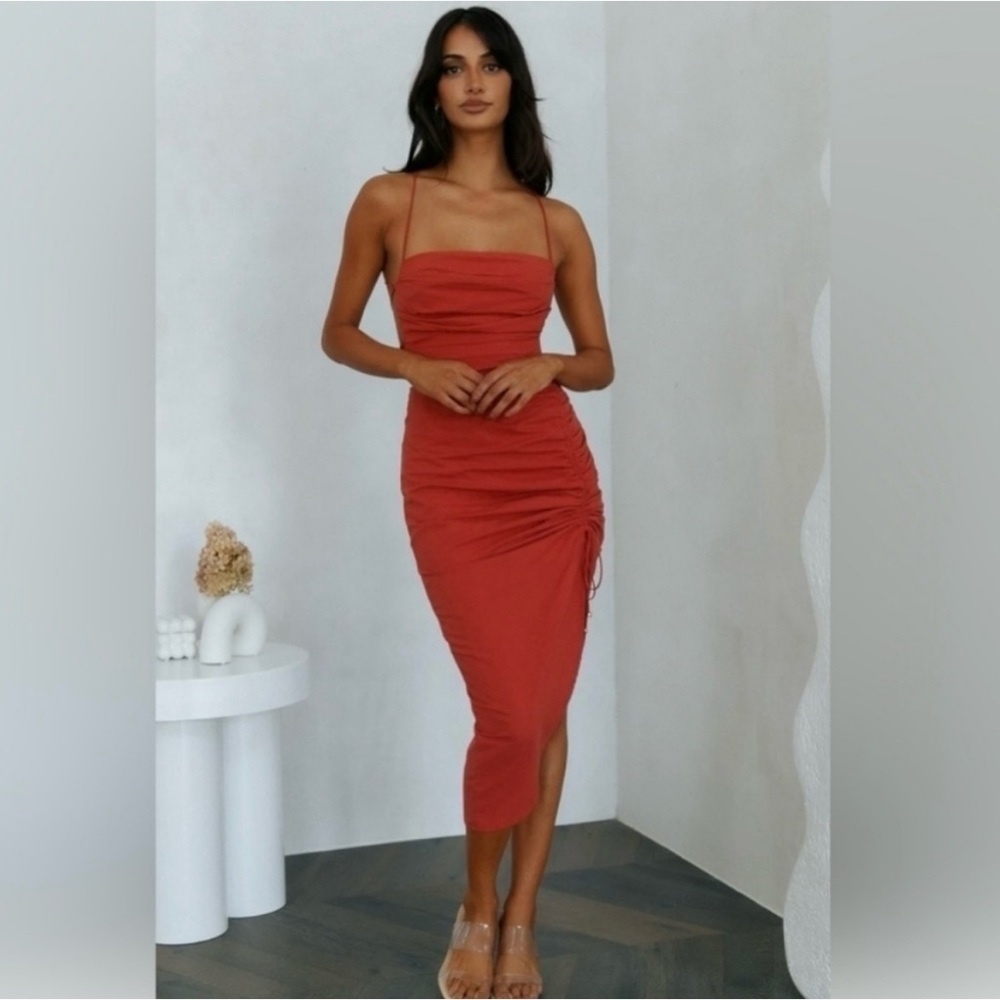 NWT Hello Molly heaven on earth lace up back midi dress rust orange jr small